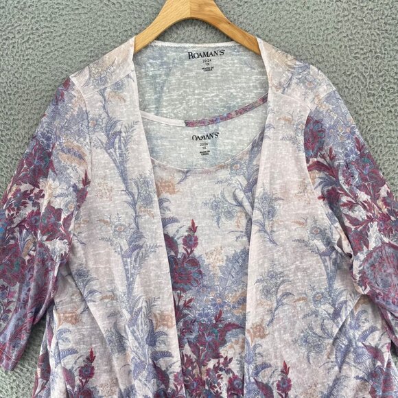 Roamans Sweater Womens 1X Plus Purple Floral 2 Piece Set 1/2 Sleeves Cardigan - Picture 2 of 15
